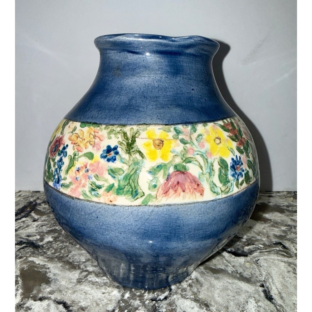 Handmade Signed Clay Pottery Vase Handled Floral Pattern 7" Tall